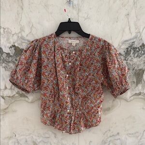 Doen Red Floral Puff-Sleeve Button Front Blouse